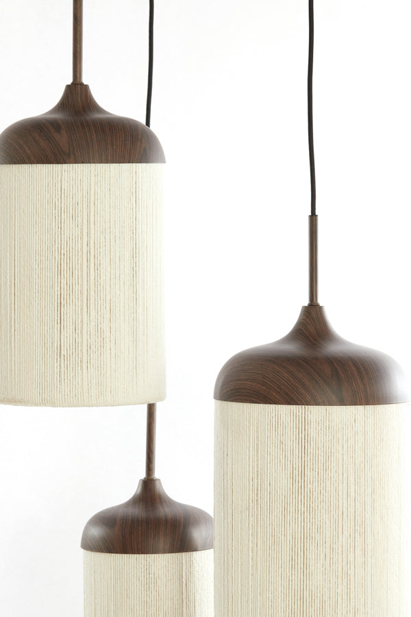 Hanging lamp 3L Ø35x32 cm DANIALO wood prnt d brwn+rope crm