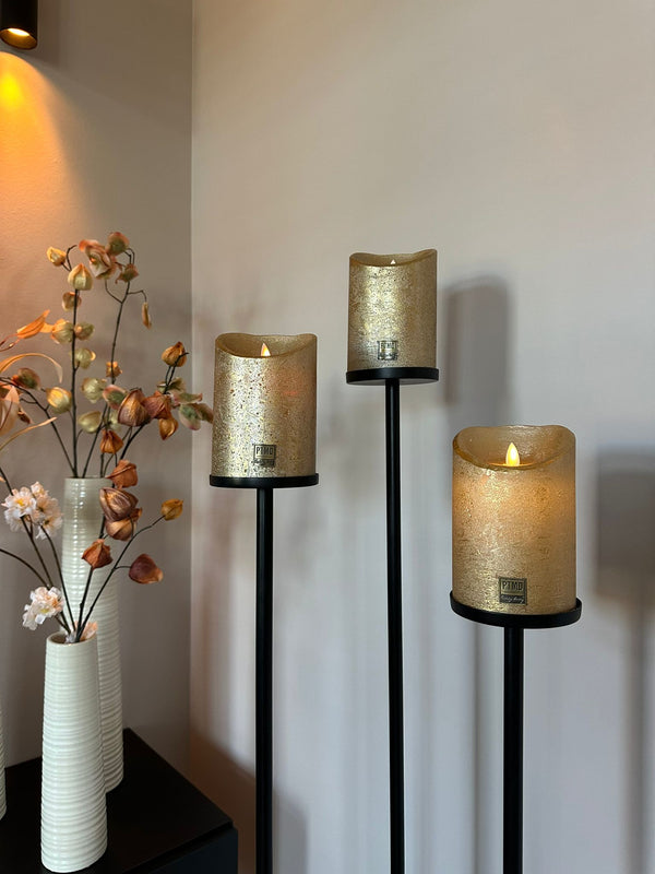 Zwarte vloerkandelaren Set van 3 stuks incl. gouden LED candles