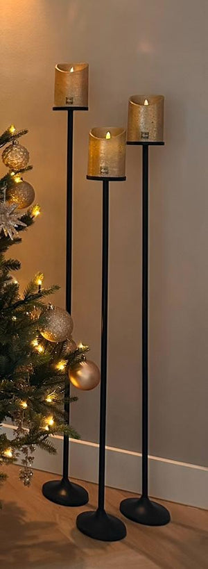 Zwarte vloerkandelaren Set van 3 stuks incl. gouden LED candles