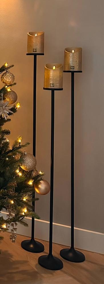 Zwarte vloerkandelaren Set van 3 stuks incl. gouden LED candles