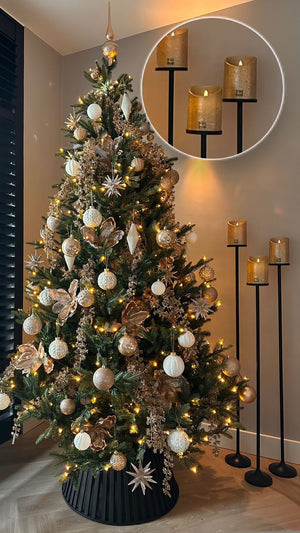 Zwarte vloerkandelaren Set van 3 stuks incl. gouden LED candles