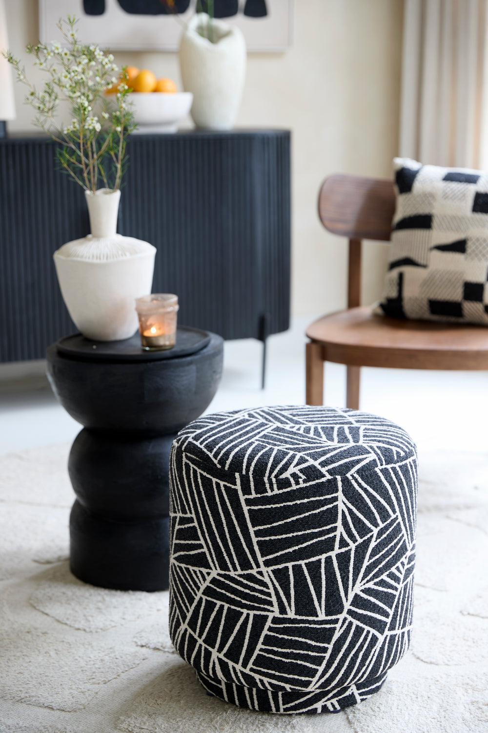Pouf Ø40x44 cm DAVONTE black-white Light & Living
