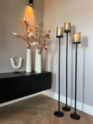 Zwarte vloerkandelaren Set van 3 stuks incl. gouden LED candles
