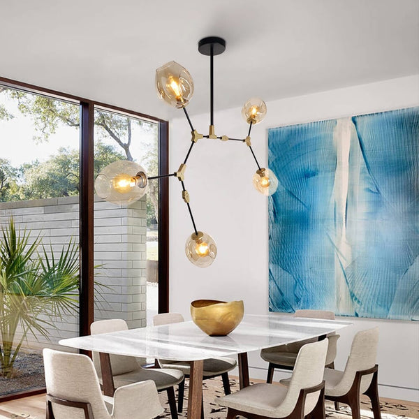 Hanglamp Laurens 5 lichts zwart + goud + amberkleurig glas