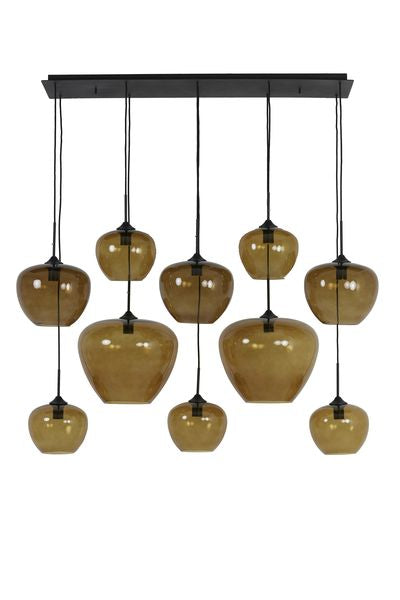 Hanglamp Mayson 10 lamps mat zwart+glas bruin