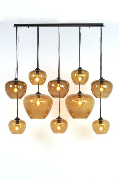 Hanglamp Mayson 10 lamps mat zwart+glas bruin