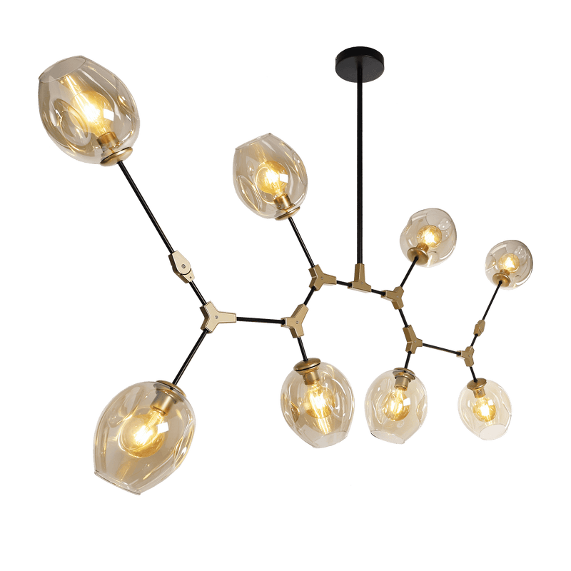 Hanglamp Laurens 8 lichts zwart+goud +amberkleurig glas